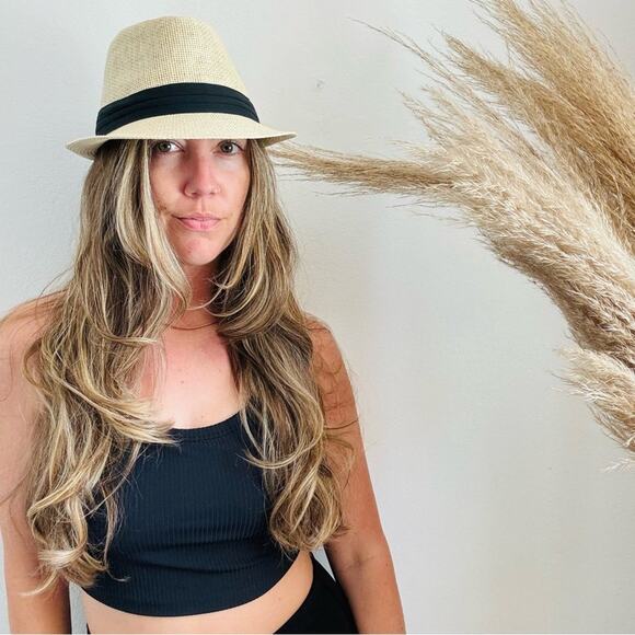 VINTAGE NORDSTROM Cream Tan Straw Wide Visor Brim Black Ribbon Fedora Sun Hat - Picture 1 of 8